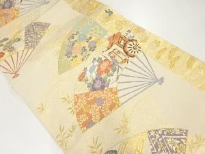 扇に御所車・橋・草花模様織出し袋帯